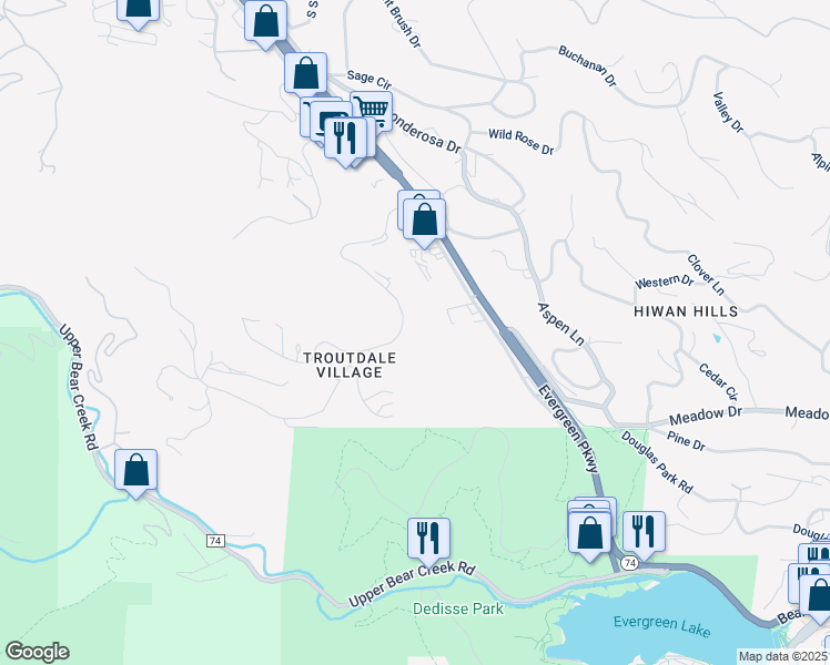 map of restaurants, bars, coffee shops, grocery stores, and more near 29840 Troutdale Scenic Drive in Evergreen