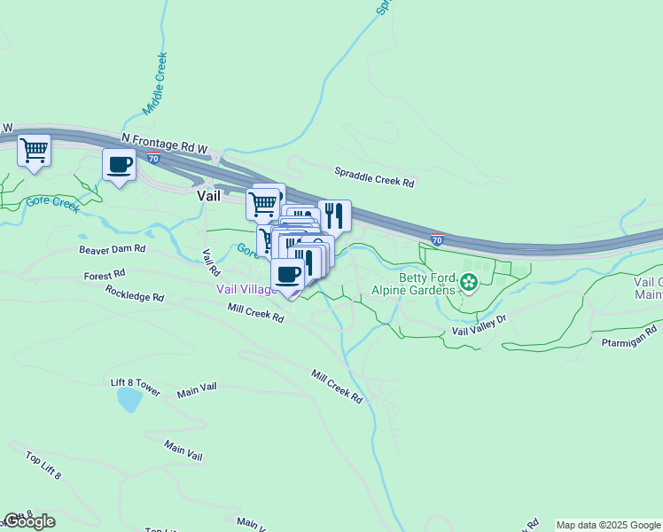 map of restaurants, bars, coffee shops, grocery stores, and more near 302 e Gore Creek Drive in Vail