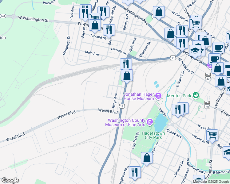 map of restaurants, bars, coffee shops, grocery stores, and more near 421 Ridge Avenue in Hagerstown