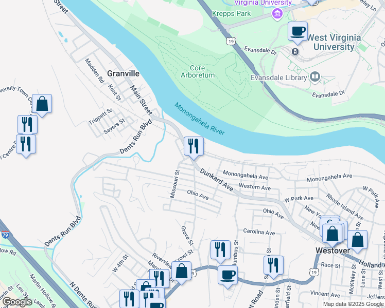 map of restaurants, bars, coffee shops, grocery stores, and more near 462 Dunkard Avenue in Westover