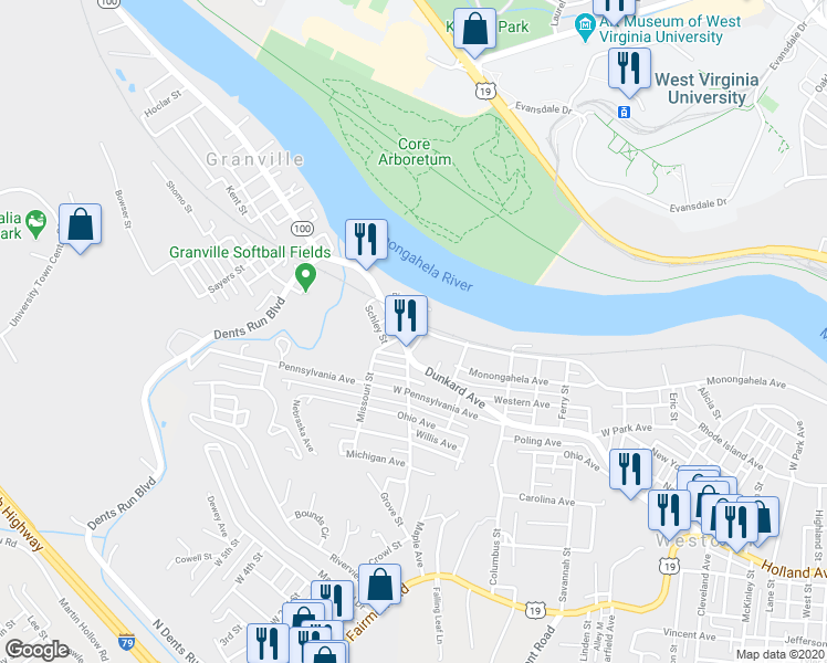 map of restaurants, bars, coffee shops, grocery stores, and more near 456 Dunkard Avenue in Westover