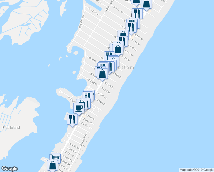 map of restaurants, bars, coffee shops, grocery stores, and more near 112 East 22nd Street in Ship Bottom