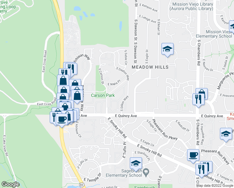 map of restaurants, bars, coffee shops, grocery stores, and more near 4172 South Cimarron Way in Aurora