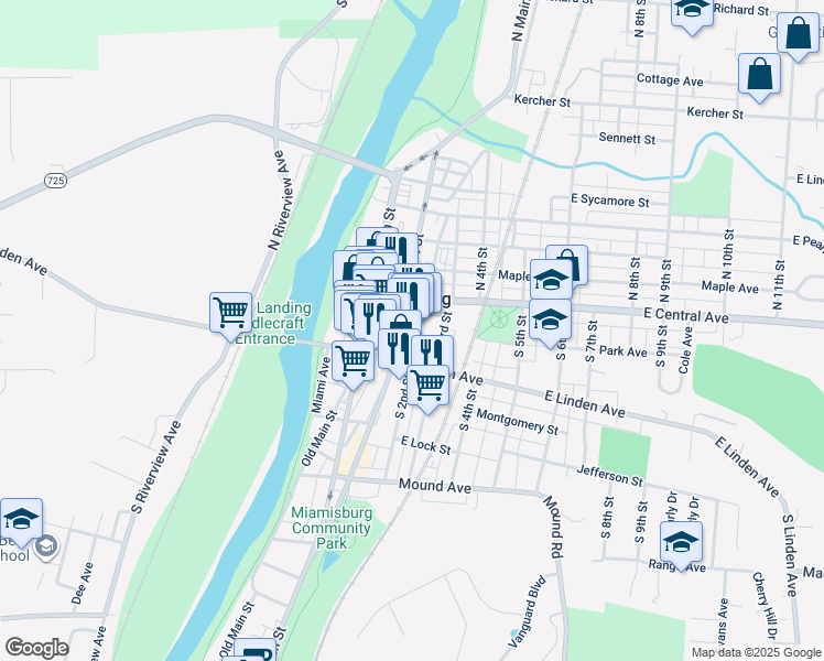 map of restaurants, bars, coffee shops, grocery stores, and more near 119 South 2nd Street in Miamisburg