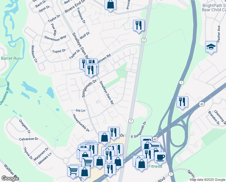 map of restaurants, bars, coffee shops, grocery stores, and more near 511 Concord Bridge Place in Newark