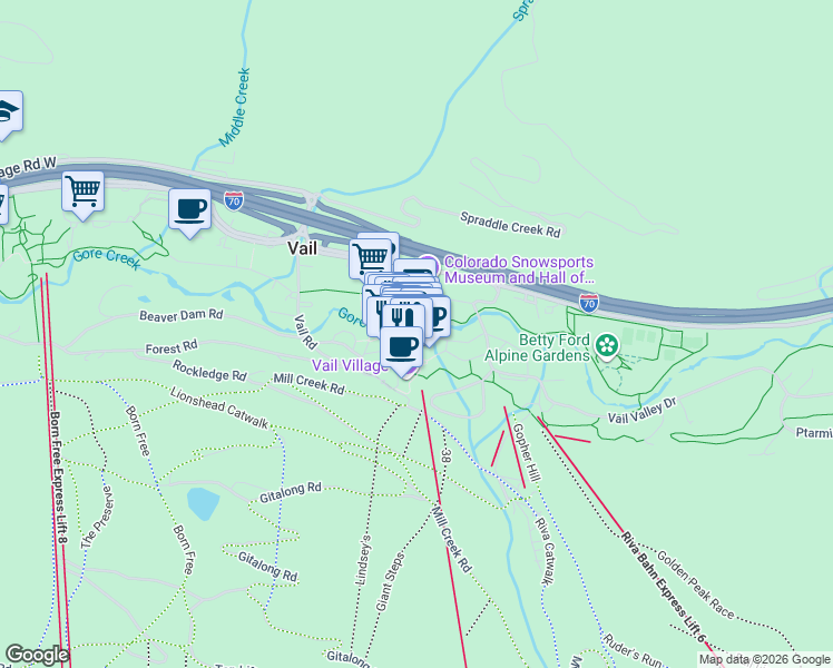 map of restaurants, bars, coffee shops, grocery stores, and more near Gore Creek Drive & Bridge Street in Vail