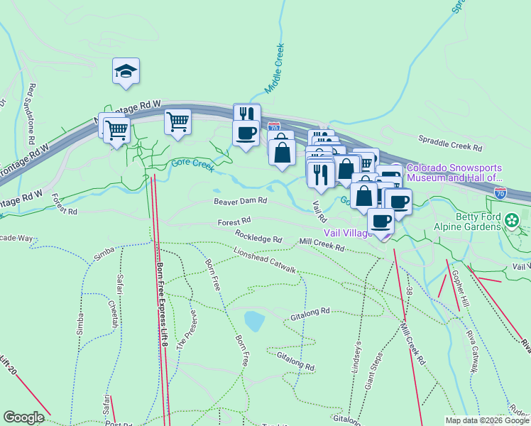 map of restaurants, bars, coffee shops, grocery stores, and more near 186 West Forest Road in Vail