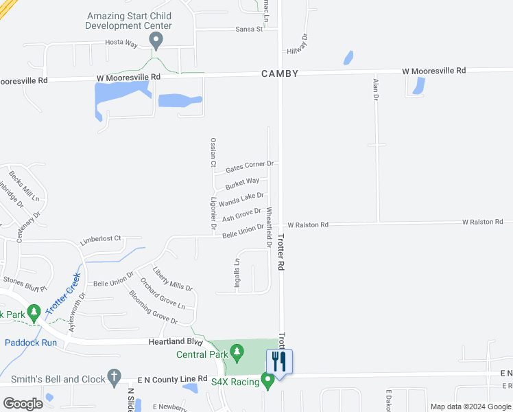 map of restaurants, bars, coffee shops, grocery stores, and more near 8346 Ash Grove Drive in Indianapolis