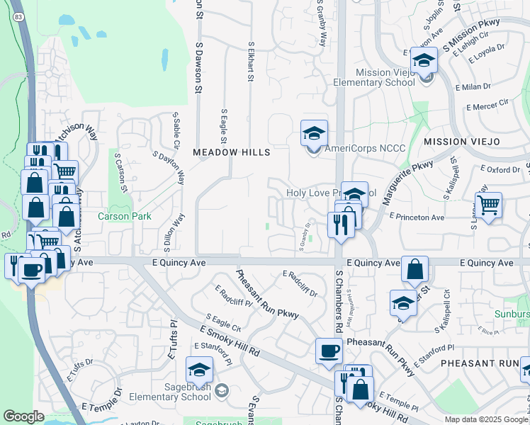 map of restaurants, bars, coffee shops, grocery stores, and more near 4181 South Fraser Street in Aurora