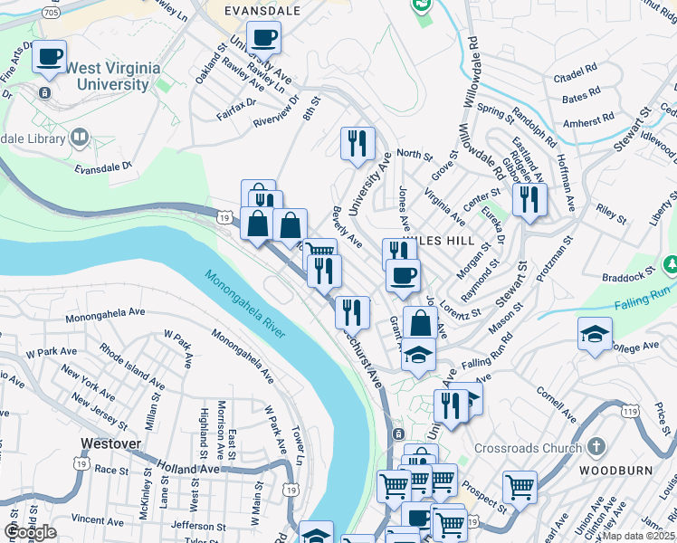 map of restaurants, bars, coffee shops, grocery stores, and more near 404 McLane Avenue in Morgantown