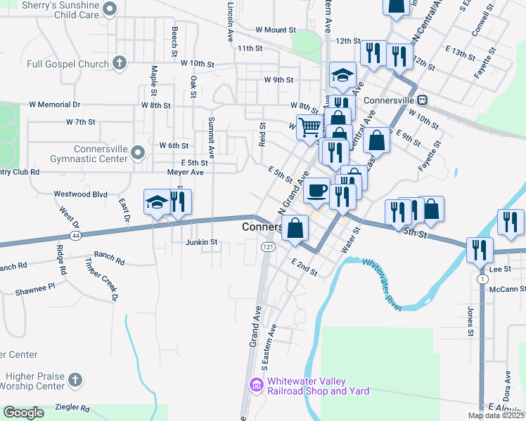 map of restaurants, bars, coffee shops, grocery stores, and more near 226 West 3rd Street in Connersville