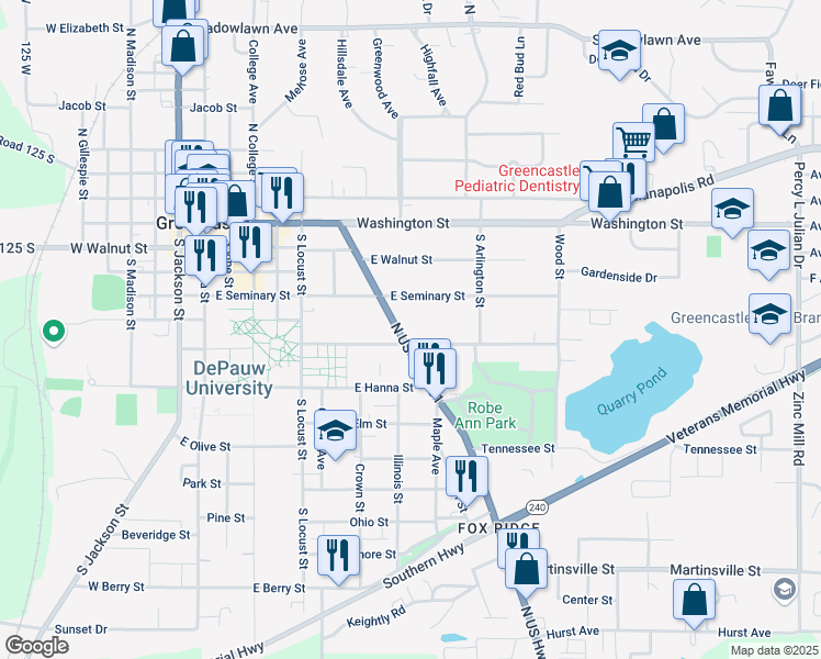 map of restaurants, bars, coffee shops, grocery stores, and more near 521 Anderson Street in Greencastle
