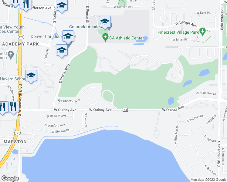map of restaurants, bars, coffee shops, grocery stores, and more near 6255 West Quincy Avenue in Denver