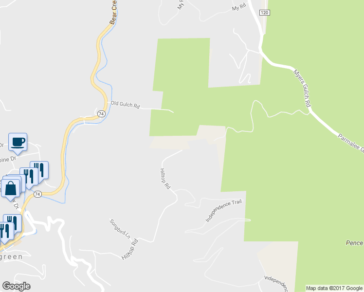 map of restaurants, bars, coffee shops, grocery stores, and more near 4151 Hilltop Road in Evergreen