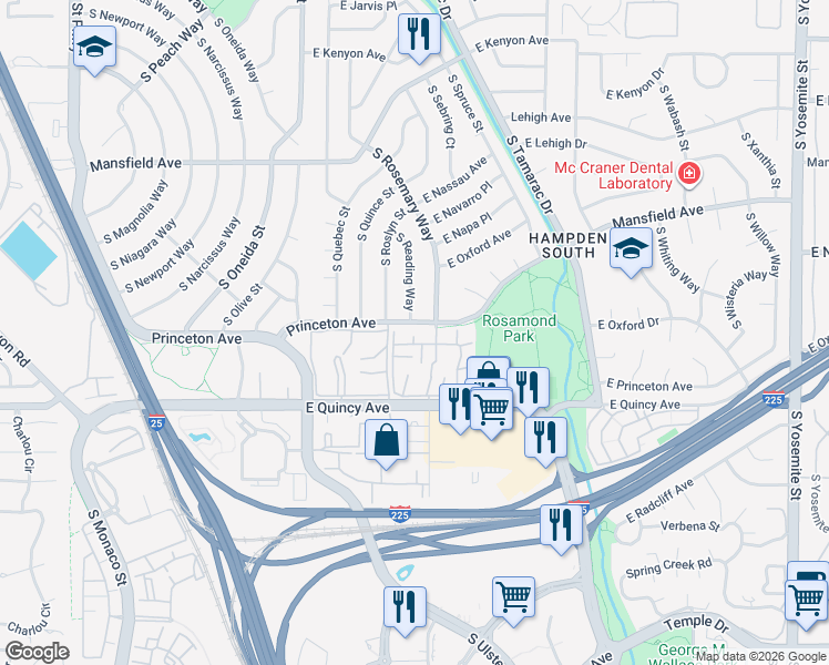 map of restaurants, bars, coffee shops, grocery stores, and more near 7755 East Quincy Avenue in Denver