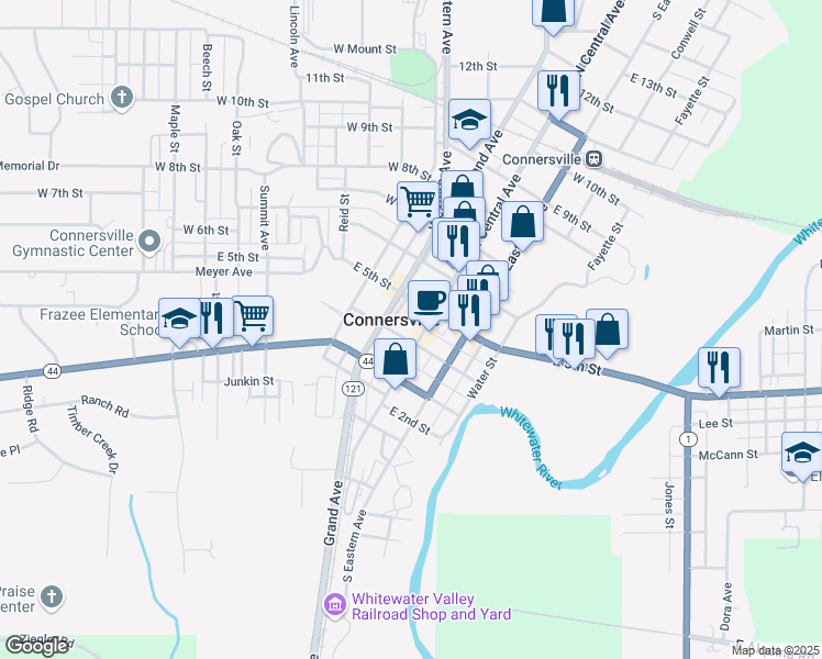 map of restaurants, bars, coffee shops, grocery stores, and more near 401 North Central Avenue in Connersville
