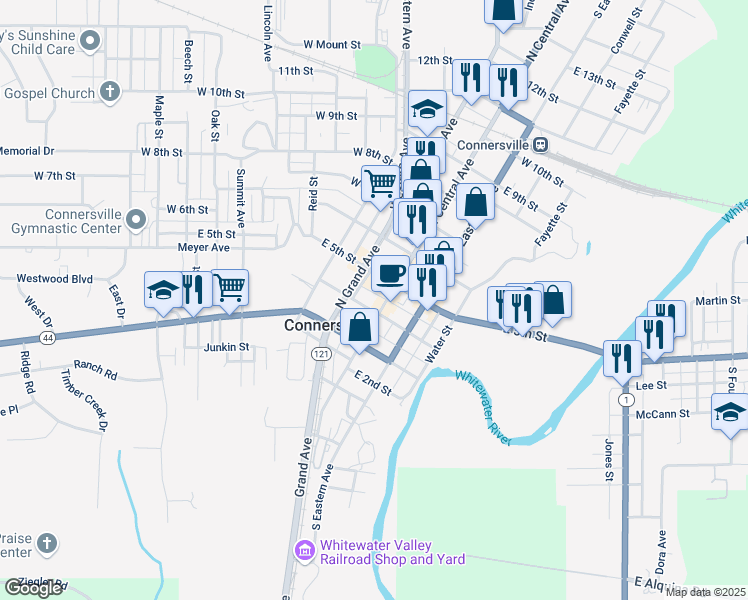 map of restaurants, bars, coffee shops, grocery stores, and more near 401 North Central Avenue in Connersville