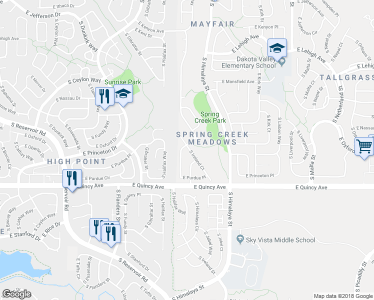 map of restaurants, bars, coffee shops, grocery stores, and more near 4159 South Ireland Court in Aurora