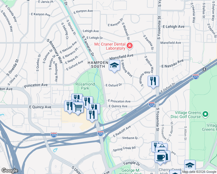 map of restaurants, bars, coffee shops, grocery stores, and more near 8063 East Oberlin Place in Denver
