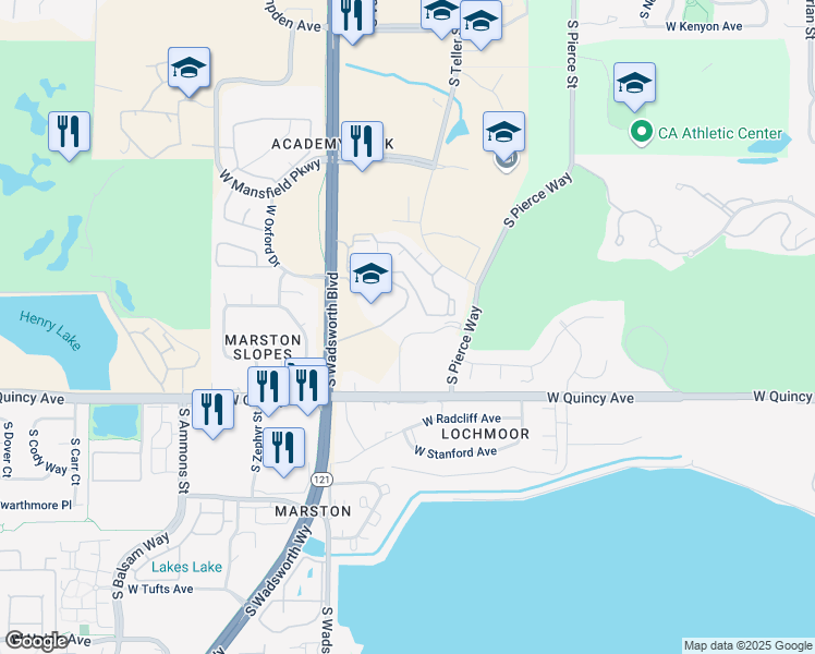 map of restaurants, bars, coffee shops, grocery stores, and more near 7255 West Quincy Avenue in Lakewood