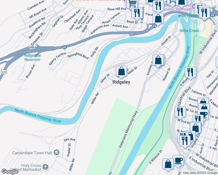map of restaurants, bars, coffee shops, grocery stores, and more near 204 Main Street in Ridgeley