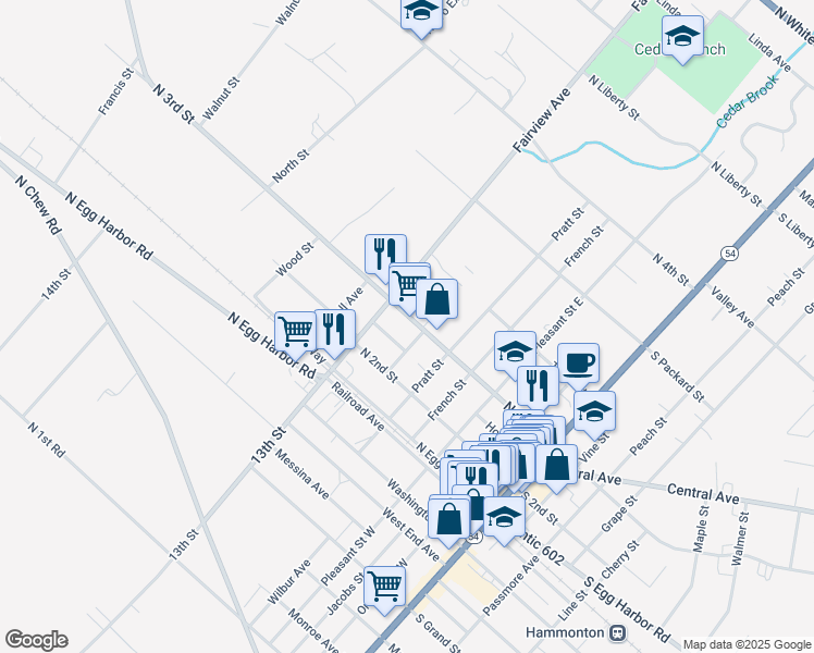 map of restaurants, bars, coffee shops, grocery stores, and more near 443 Elm Street in Hammonton