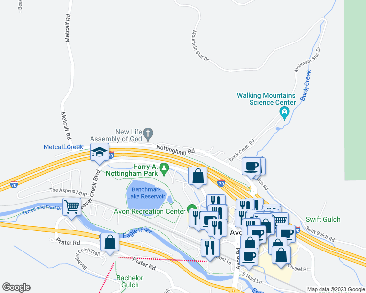 map of restaurants, bars, coffee shops, grocery stores, and more near 410 Nottingham Road in Avon