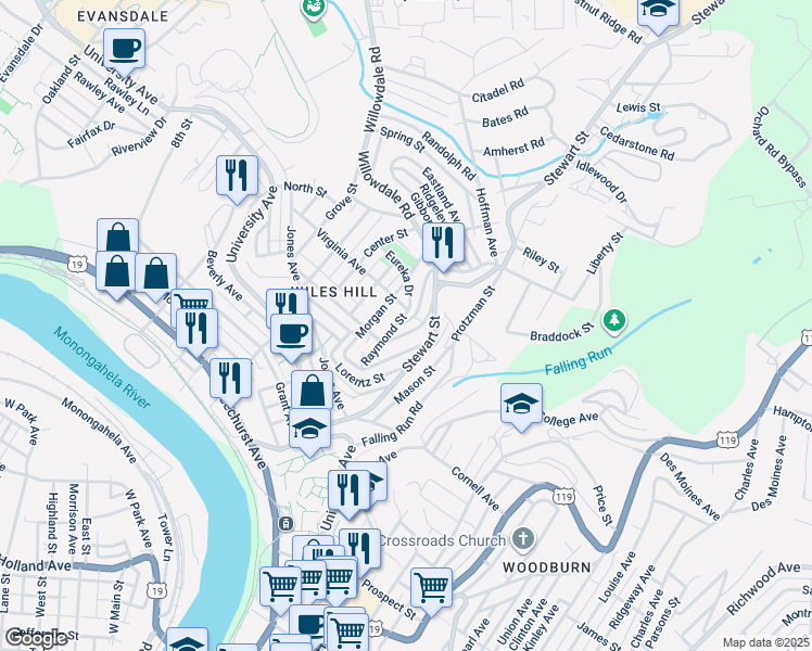 map of restaurants, bars, coffee shops, grocery stores, and more near 53 Highland Avenue in Morgantown