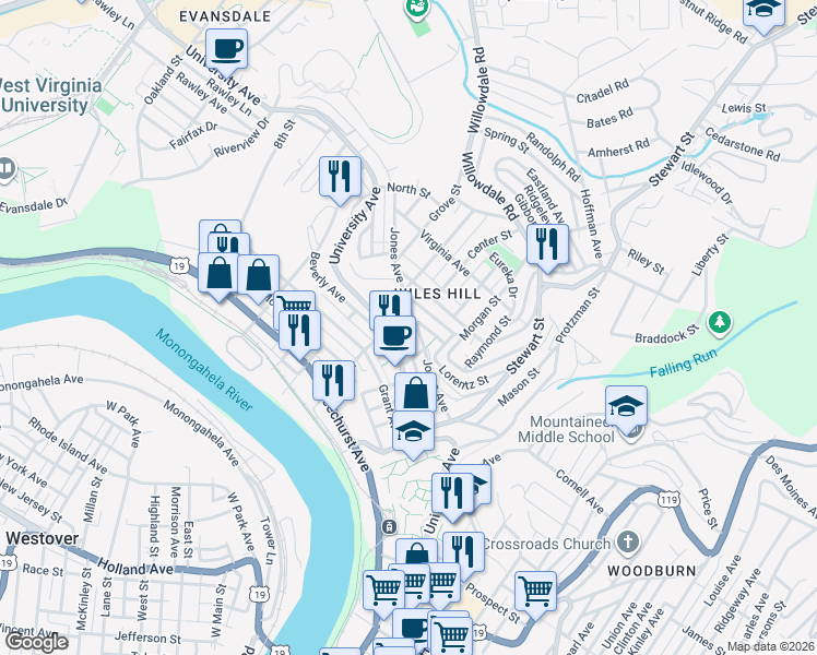 map of restaurants, bars, coffee shops, grocery stores, and more near 2162 University Avenue in Morgantown