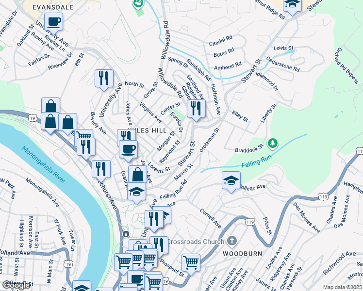 map of restaurants, bars, coffee shops, grocery stores, and more near 53 Highland Avenue in Morgantown