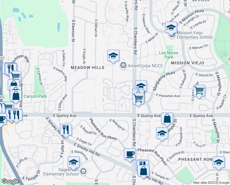 map of restaurants, bars, coffee shops, grocery stores, and more near 4136 South Granby Court in Aurora