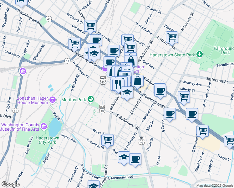 map of restaurants, bars, coffee shops, grocery stores, and more near 57 South Potomac Street in Hagerstown