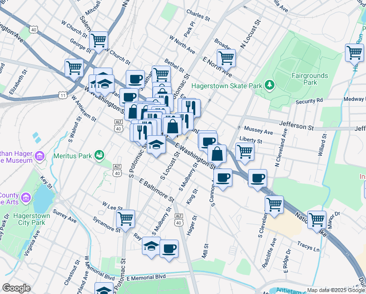 map of restaurants, bars, coffee shops, grocery stores, and more near 102 East Washington Street in Hagerstown