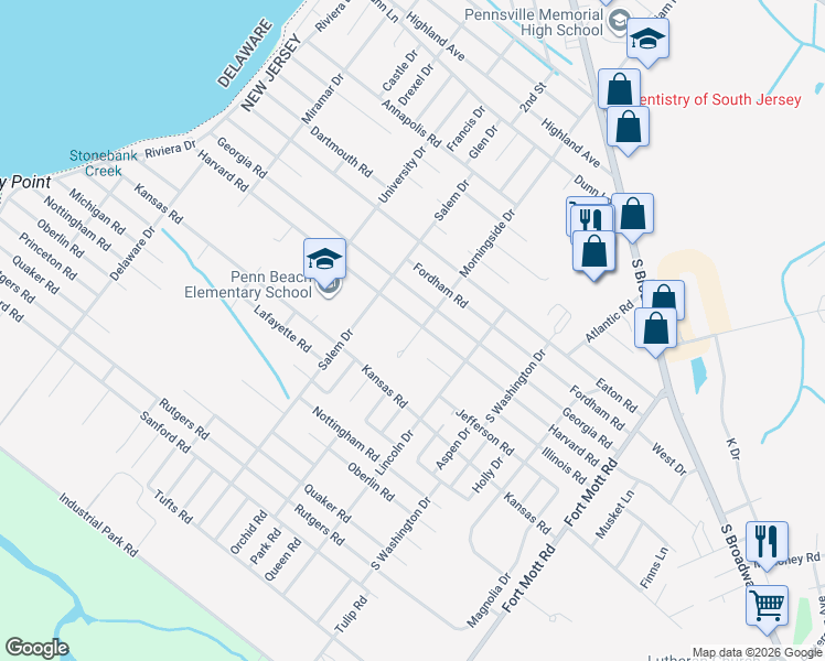 map of restaurants, bars, coffee shops, grocery stores, and more near 98 Morningside Drive in Pennsville