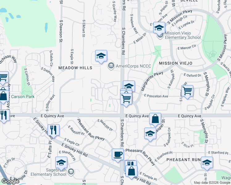 map of restaurants, bars, coffee shops, grocery stores, and more near 4154 South Granby Circle in Aurora