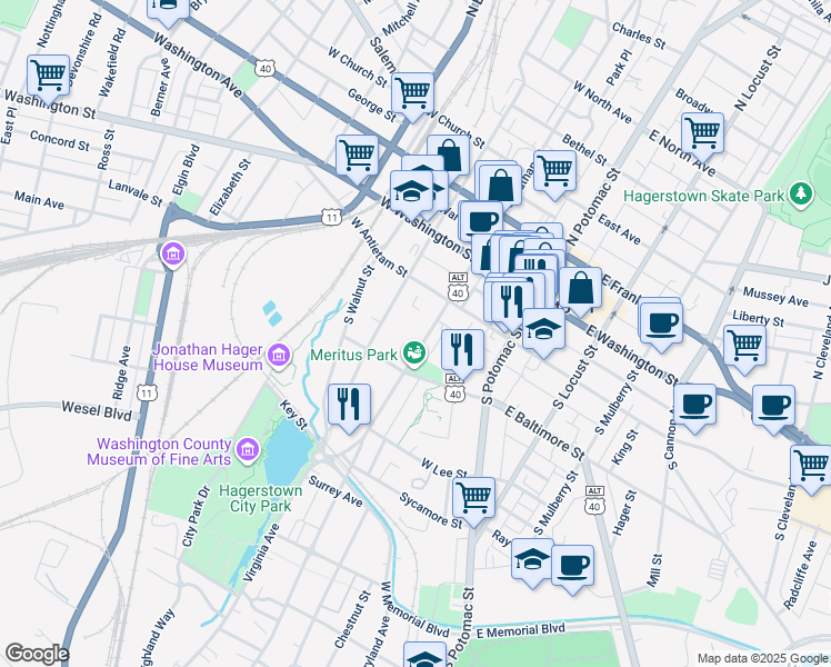 map of restaurants, bars, coffee shops, grocery stores, and more near 185 Summit Avenue in Hagerstown