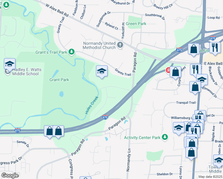 map of restaurants, bars, coffee shops, grocery stores, and more near 7216 Mountain Trail in Dayton