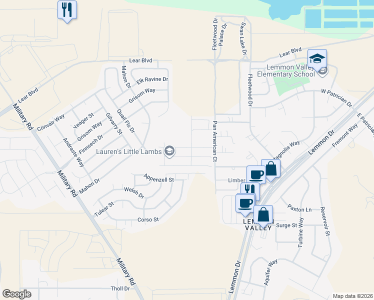 map of restaurants, bars, coffee shops, grocery stores, and more near 9355 Pan American Drive in Reno