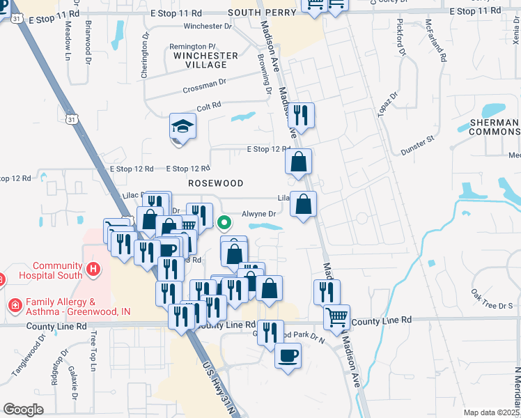 map of restaurants, bars, coffee shops, grocery stores, and more near 2209 Alwyne Drive in Indianapolis