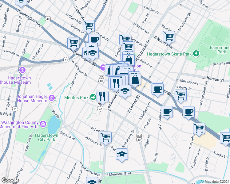 map of restaurants, bars, coffee shops, grocery stores, and more near 55 South Potomac Street in Hagerstown