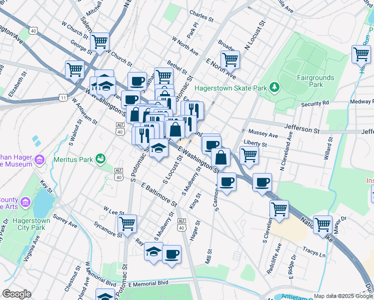 map of restaurants, bars, coffee shops, grocery stores, and more near 102 East Washington Street in Hagerstown