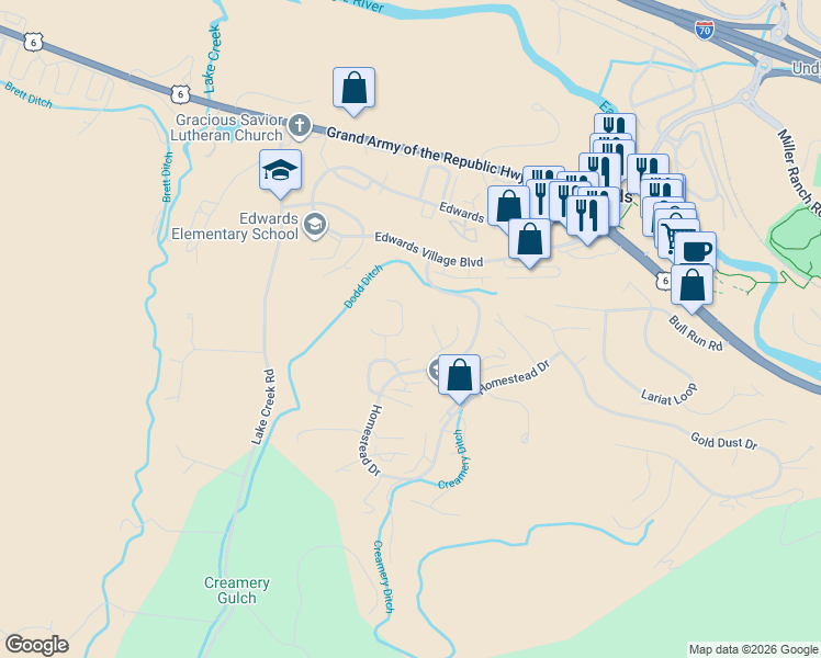 map of restaurants, bars, coffee shops, grocery stores, and more near 102 Heritage Park Place in Edwards