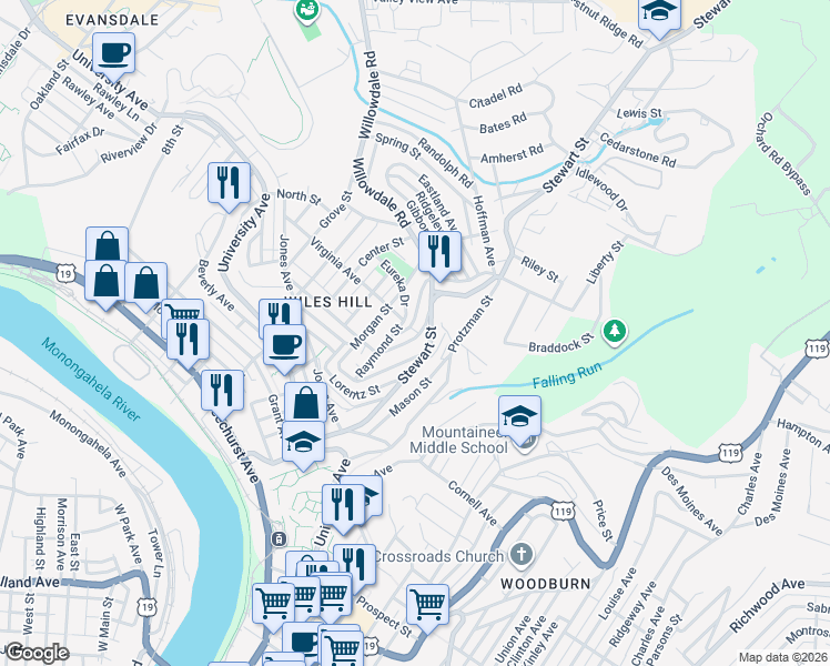 map of restaurants, bars, coffee shops, grocery stores, and more near 53 Highland Avenue in Morgantown