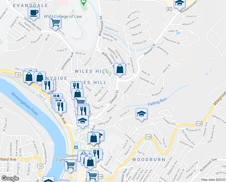 map of restaurants, bars, coffee shops, grocery stores, and more near 32 Highland Avenue in Morgantown