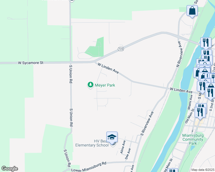 map of restaurants, bars, coffee shops, grocery stores, and more near 635 Dunraven Pass in Miamisburg
