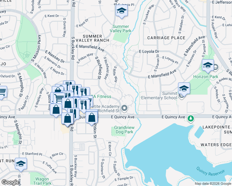 map of restaurants, bars, coffee shops, grocery stores, and more near 4238 South Richfield Street in Aurora