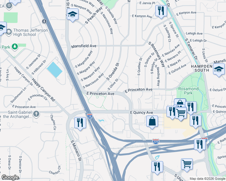 map of restaurants, bars, coffee shops, grocery stores, and more near 1 South Spruce Street in Denver