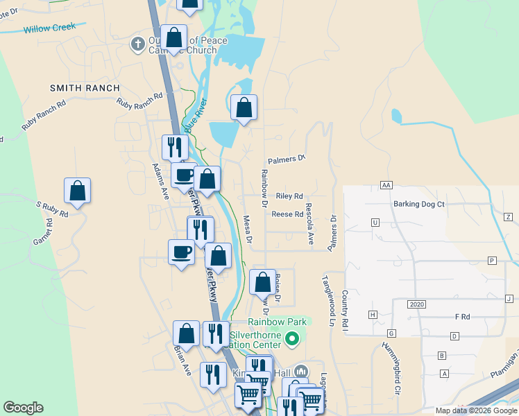 map of restaurants, bars, coffee shops, grocery stores, and more near 960 Mesa Drive in Silverthorne