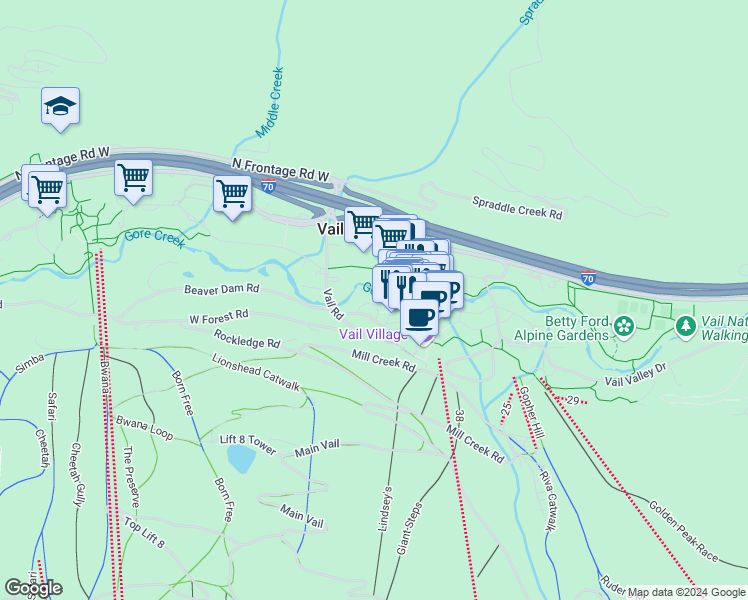 map of restaurants, bars, coffee shops, grocery stores, and more near 149 Gore Creek Drive in Vail