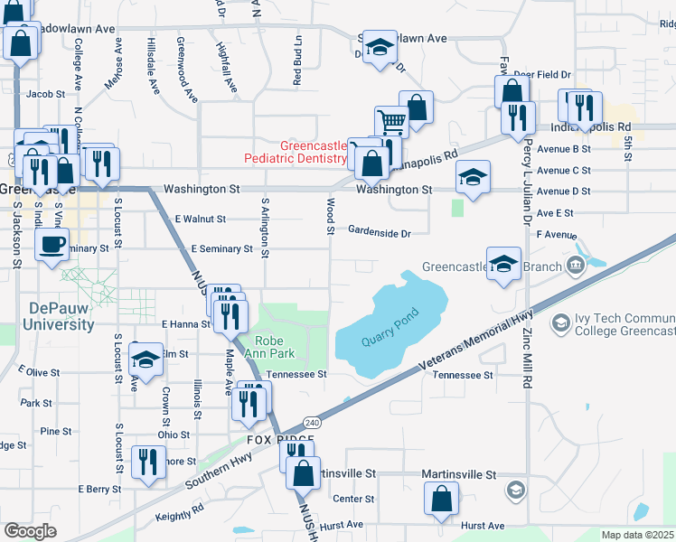 map of restaurants, bars, coffee shops, grocery stores, and more near 211 Wood Street in Greencastle